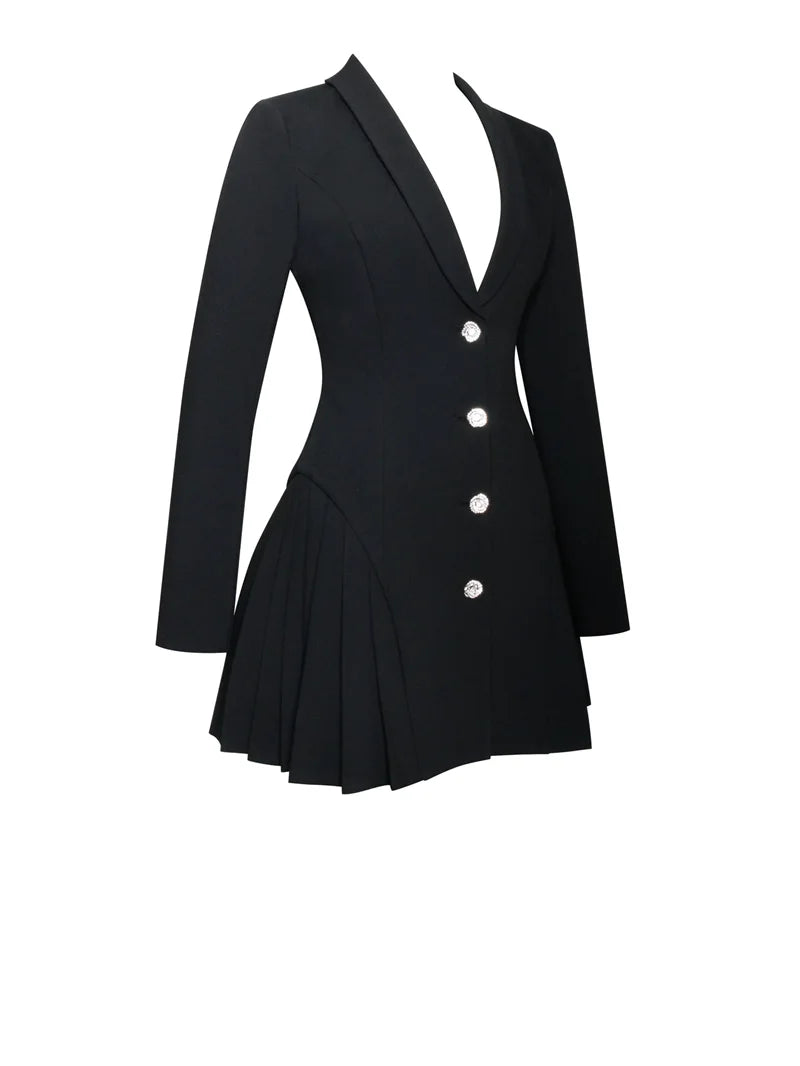 V Neck Pleated Black Blazer Mini Dress for Women - Image 24