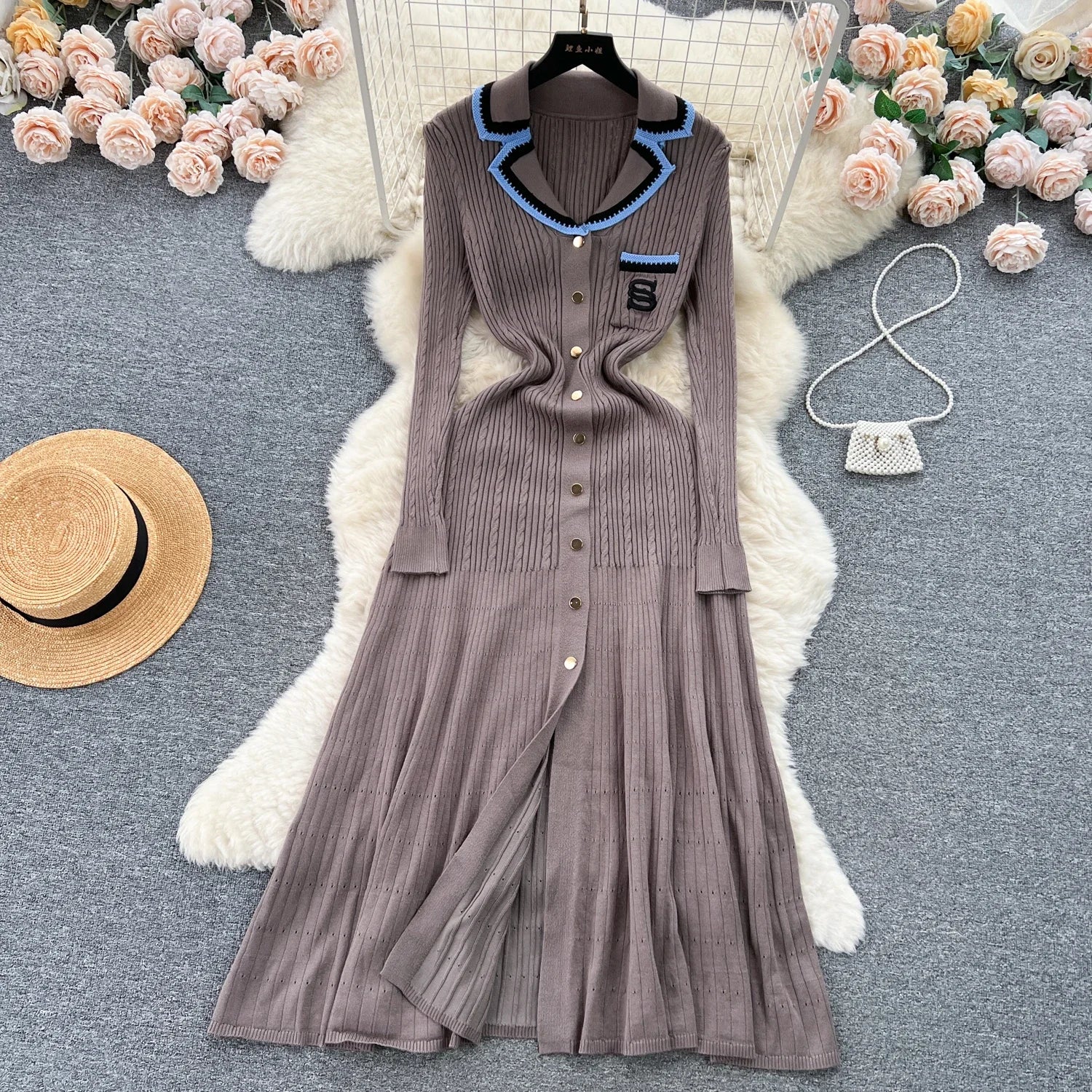 Elegant V-Neck Knitted Dress for Women - Long Sleeve A-Line - Image 17