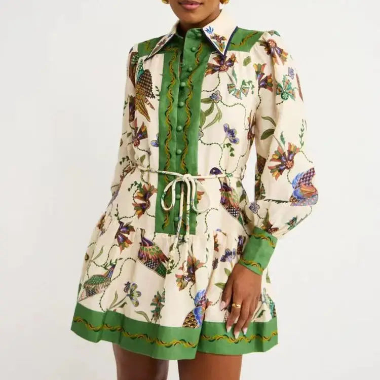 Floral Print Long-Sleeve Dress with Lace-Up Detail for Women - Image 3
