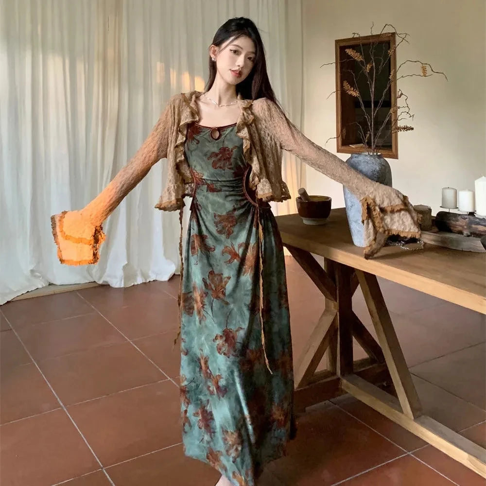Chic Vintage Floral Maxi Dress with Ruffled Cardigan Set - Image 5