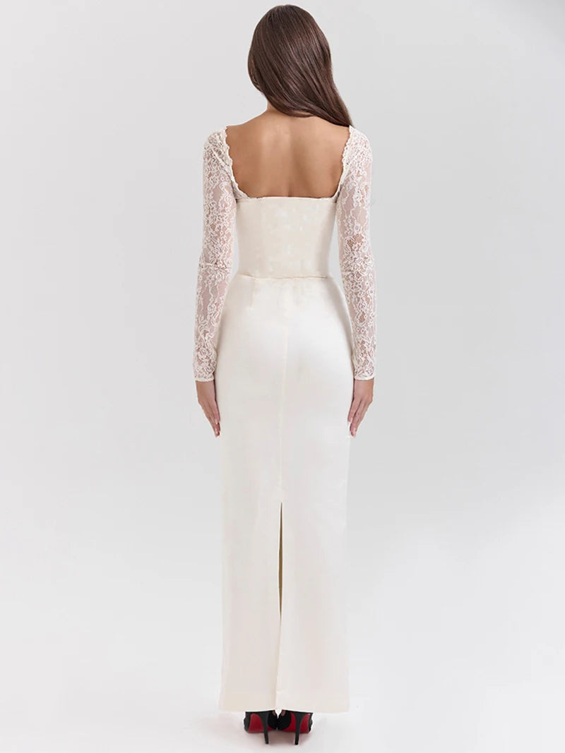 White Backless Lace Maxi Dress with Square Collar - Image 16