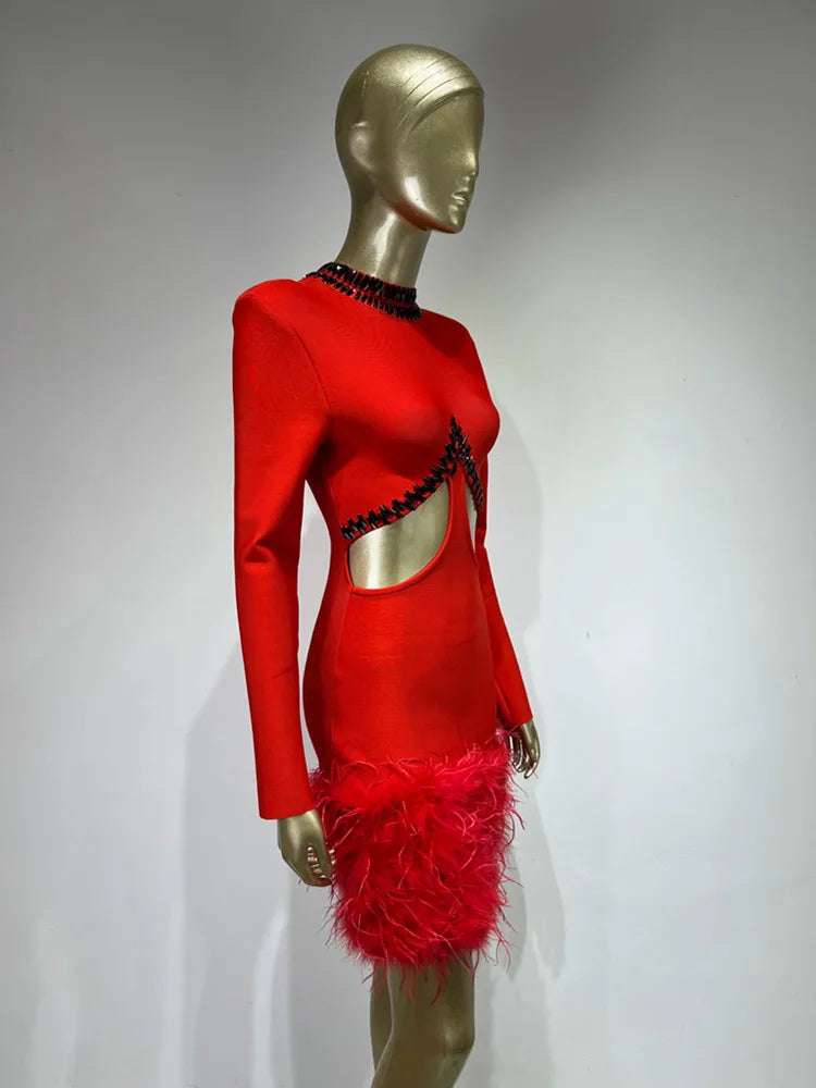 Elegant Red Mini Dress with Beading and Feathers - Image 10