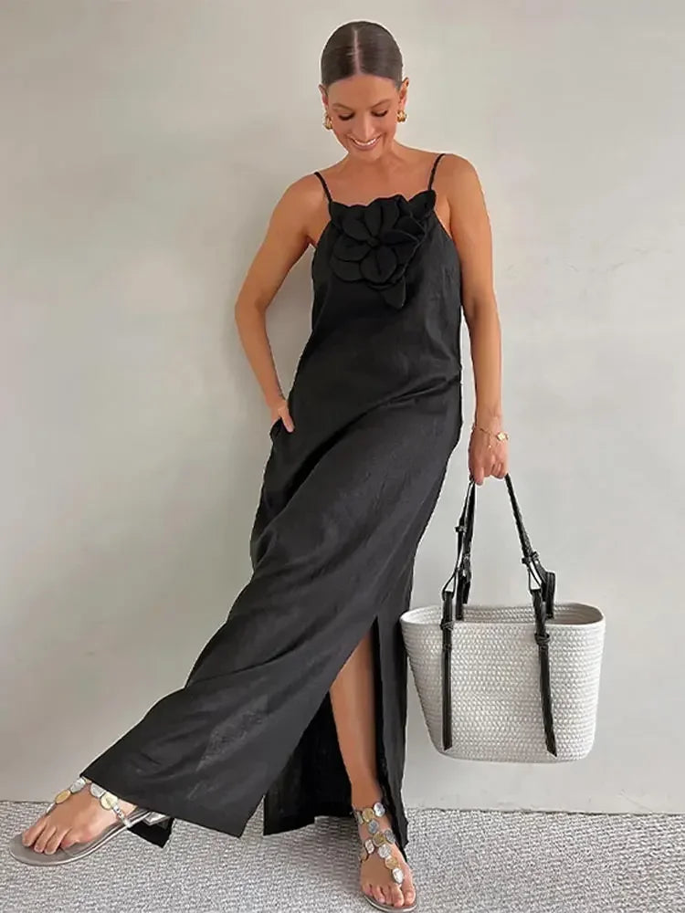 Elegant Cotton Linen Split Maxi Dress with 3D Flowers - Image 7