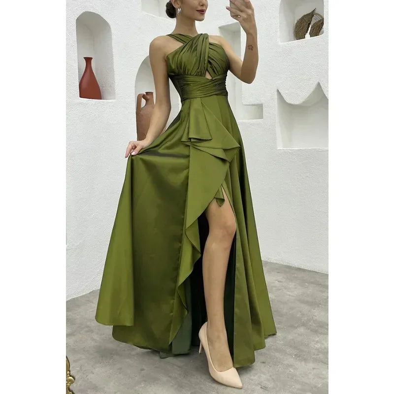 Elegant Sleeveless High Waist Ruffle Slit Evening Dress