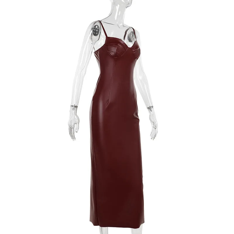Stylish Solid Color PU Leather Splicing Bodycon Dress - Image 9
