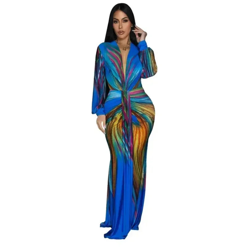 Chic V-Neck Long Sleeve Gradient Maxi Dress - Image 8