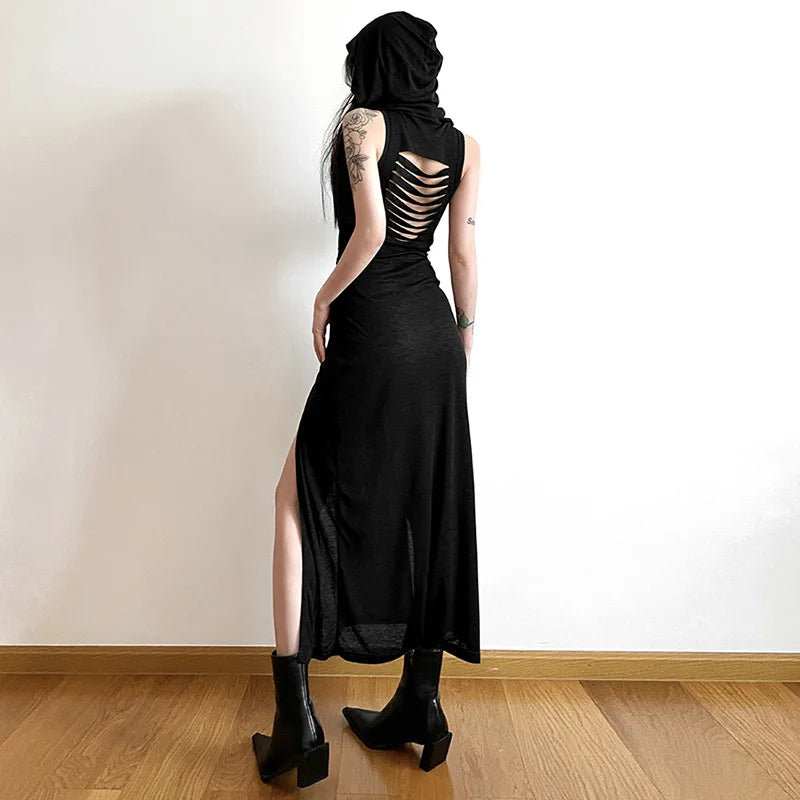 Dark Cyber Gothic Hooded Midi Dress with Split Sides - Image 7