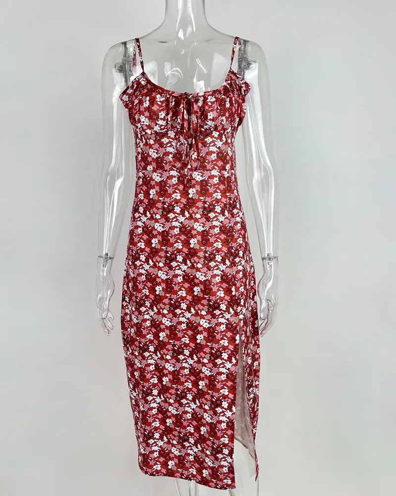 Chic Flower Print Spaghetti Strap Bodycon Beach Dress - Image 22