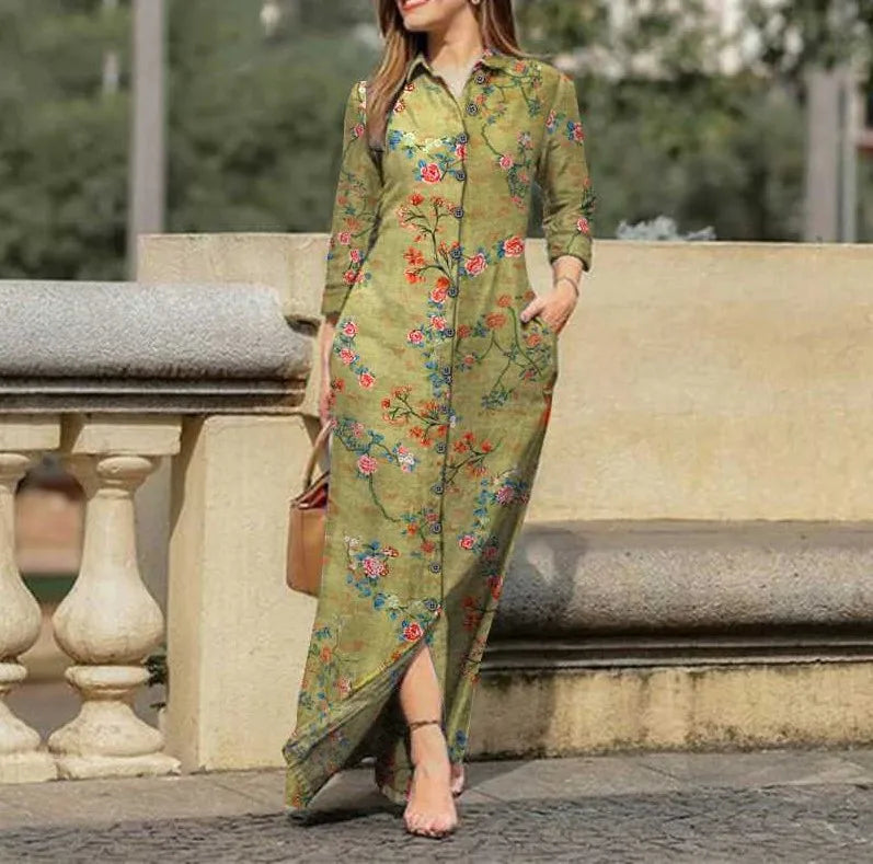Vintage Floral Maxi Shirt Dress with Pockets - Autumn Style - Image 12