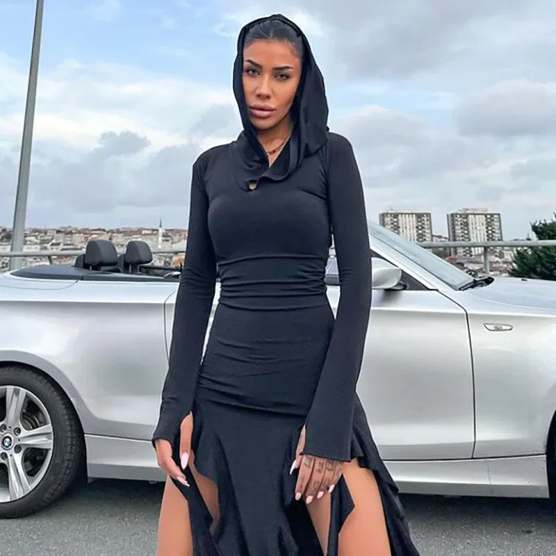 Elegant Hooded Maxi Dress with Ruffle Detail for Women - Image 15