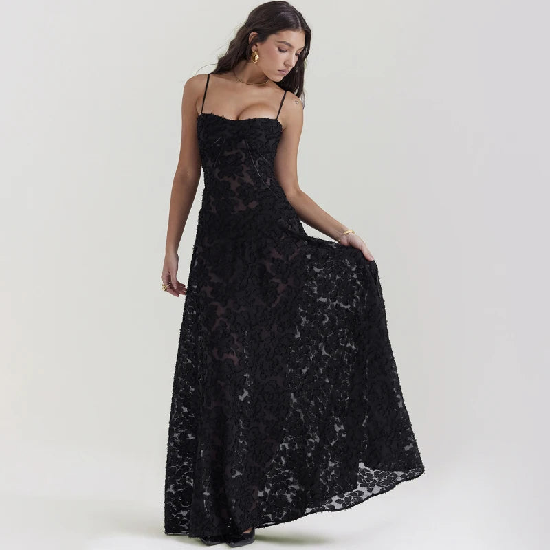 Elegant Boho Sheer Lace Maxi Dress with Spaghetti Straps - Image 17