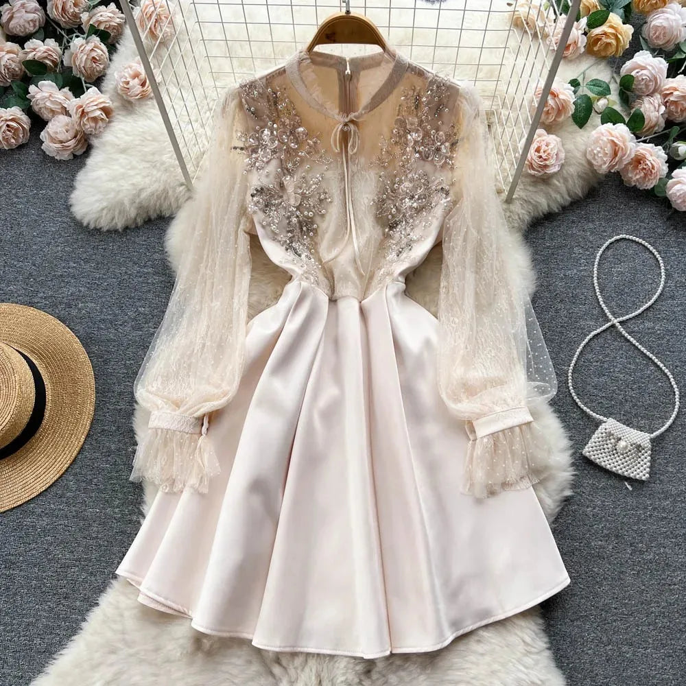 Elegant A-Line Mesh Dress with Long Sleeves for Women