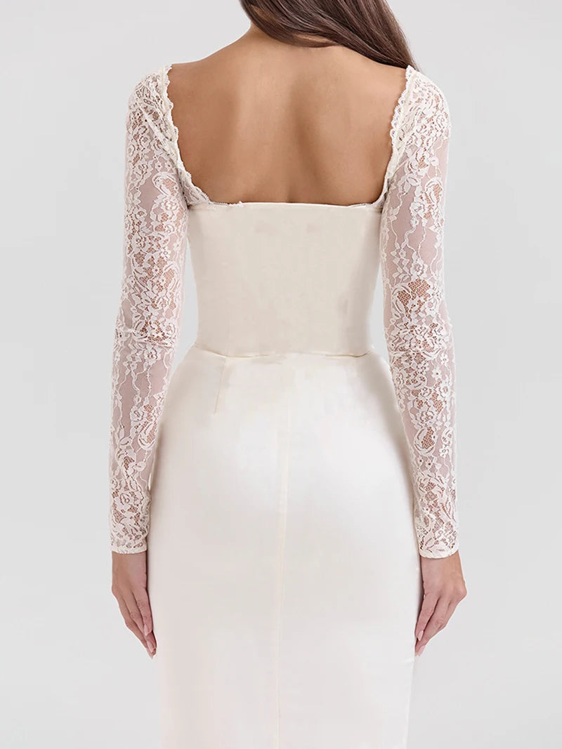 White Backless Lace Maxi Dress with Square Collar - Image 19