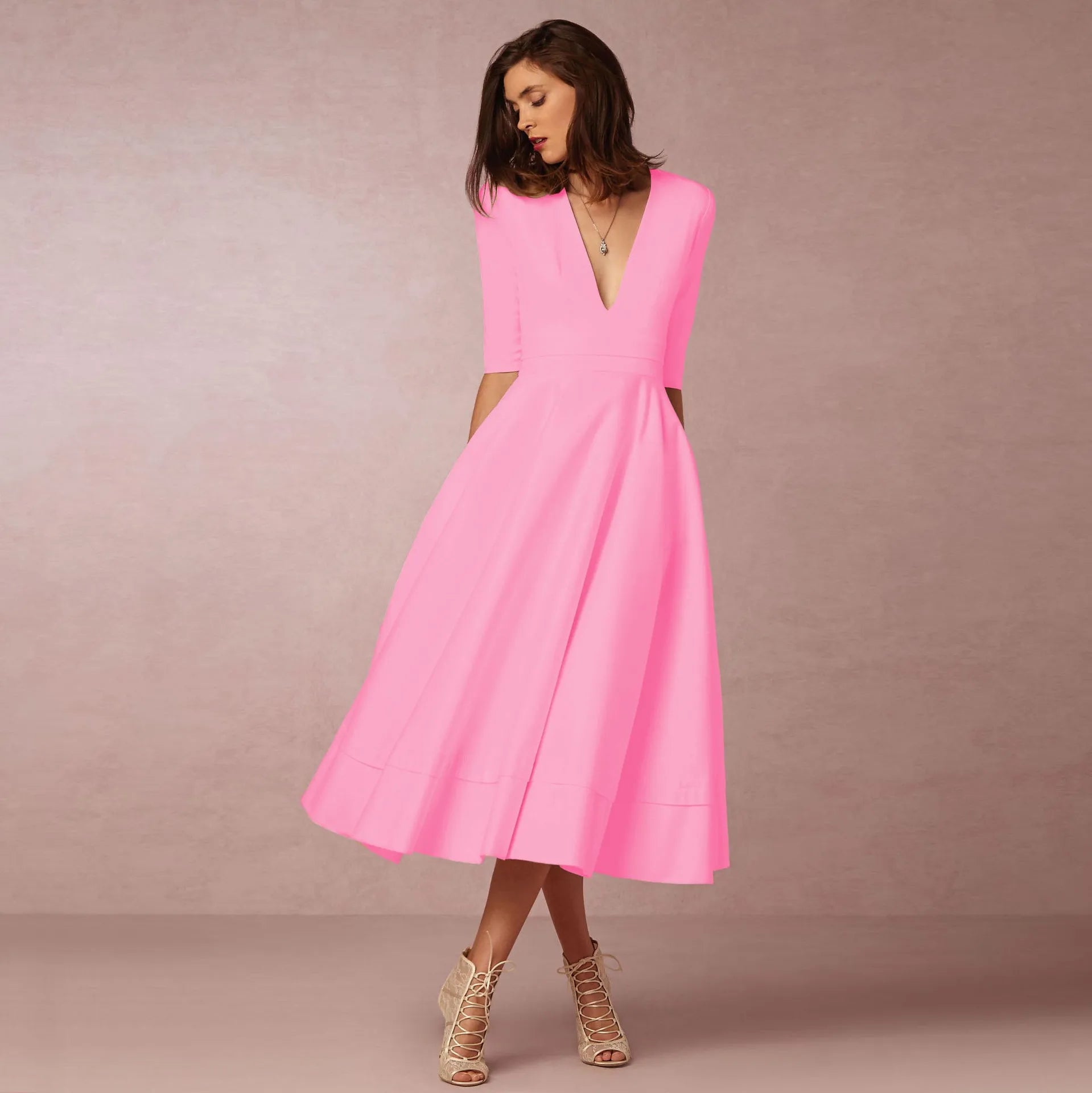 Elegant Solid Color A-line Evening Dress with Deep V-neck - Image 36