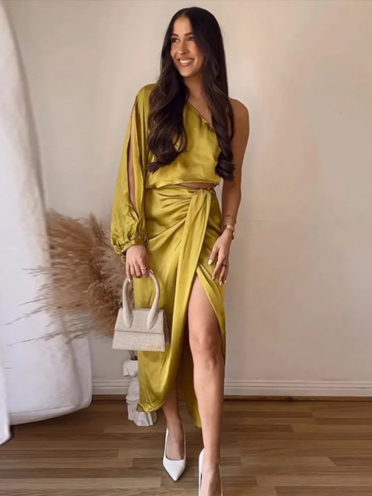 One Shoulder Asymmetrical Satin Long Dress for Women - Image 6