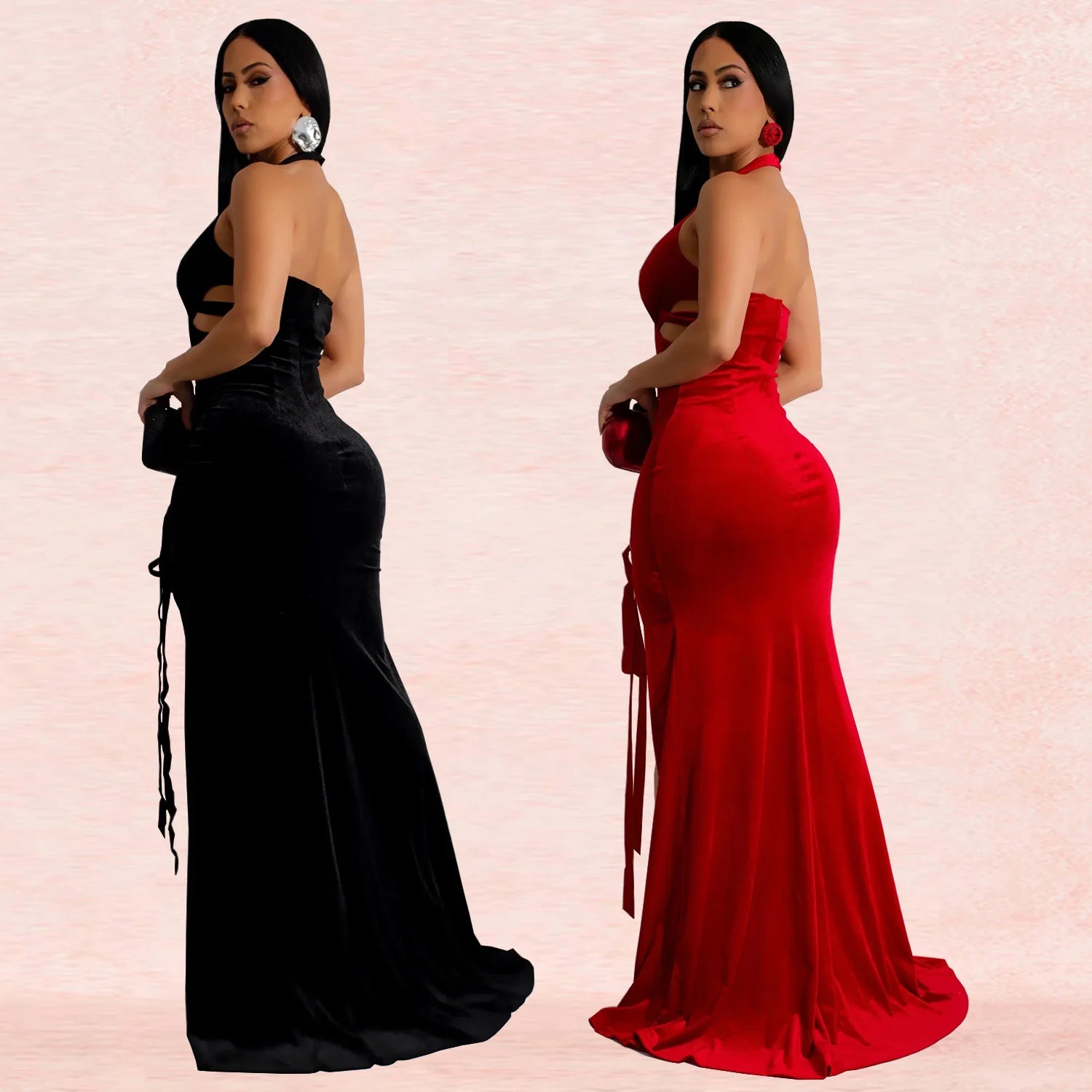 Elegant Velvet V Neck Bodycon Maxi Dress for Parties - Image 3