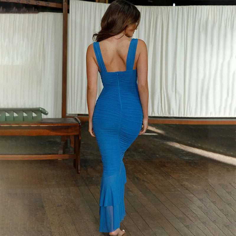 Elegant Spaghetti Strap Backless Ruched Maxi Dress for Women - Image 31