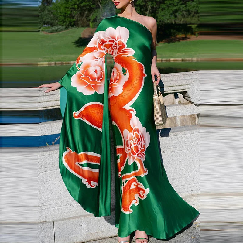 Elegant Floral Print Asymmetric Satin Evening Dress for Women - Image 6