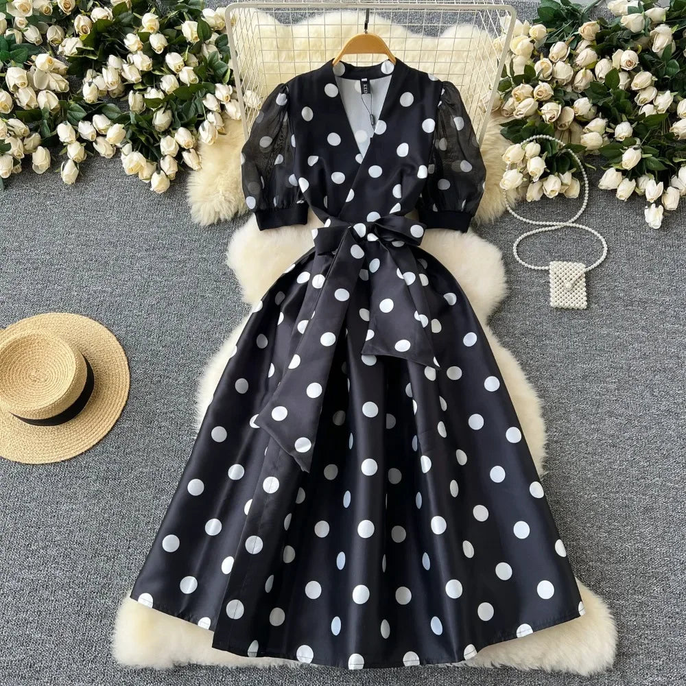 Vintage Polka Dot Maxi Dress with V Neck & Puff Sleeves - Image 10