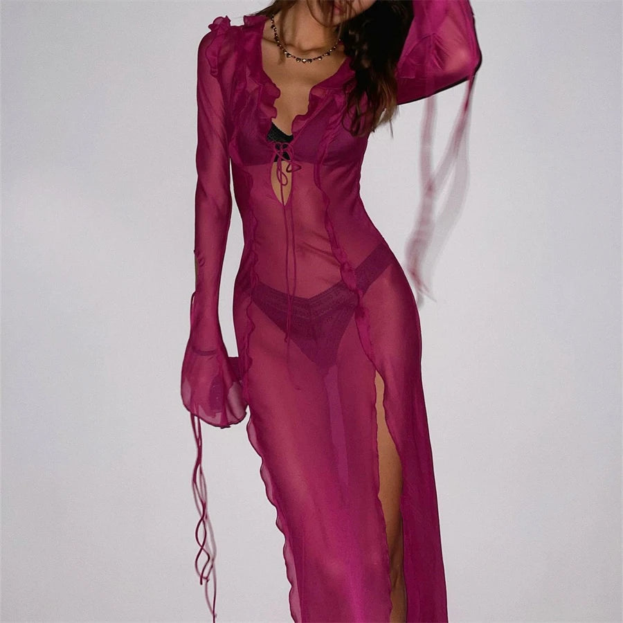 Elegant Sheer Ruffle Bodycon Long Dress for Summer Parties - Image 4