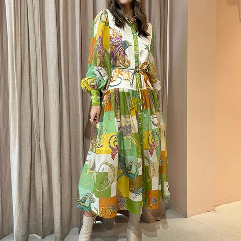 Elegant Women's V-Neck Lantern Sleeve Printed Dress - Image 12