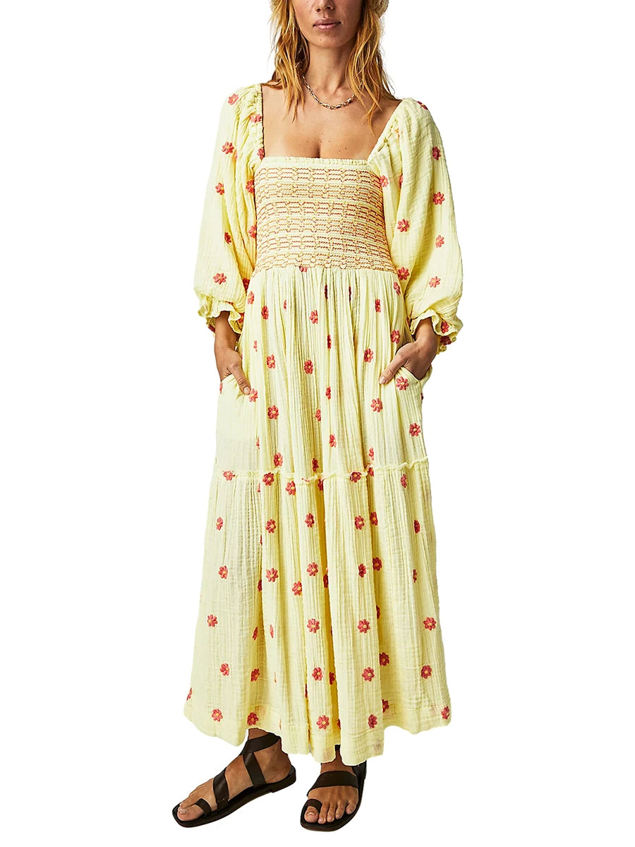 Bohemian Flower Embroidered Tiered Long Dress for Summer - Image 24