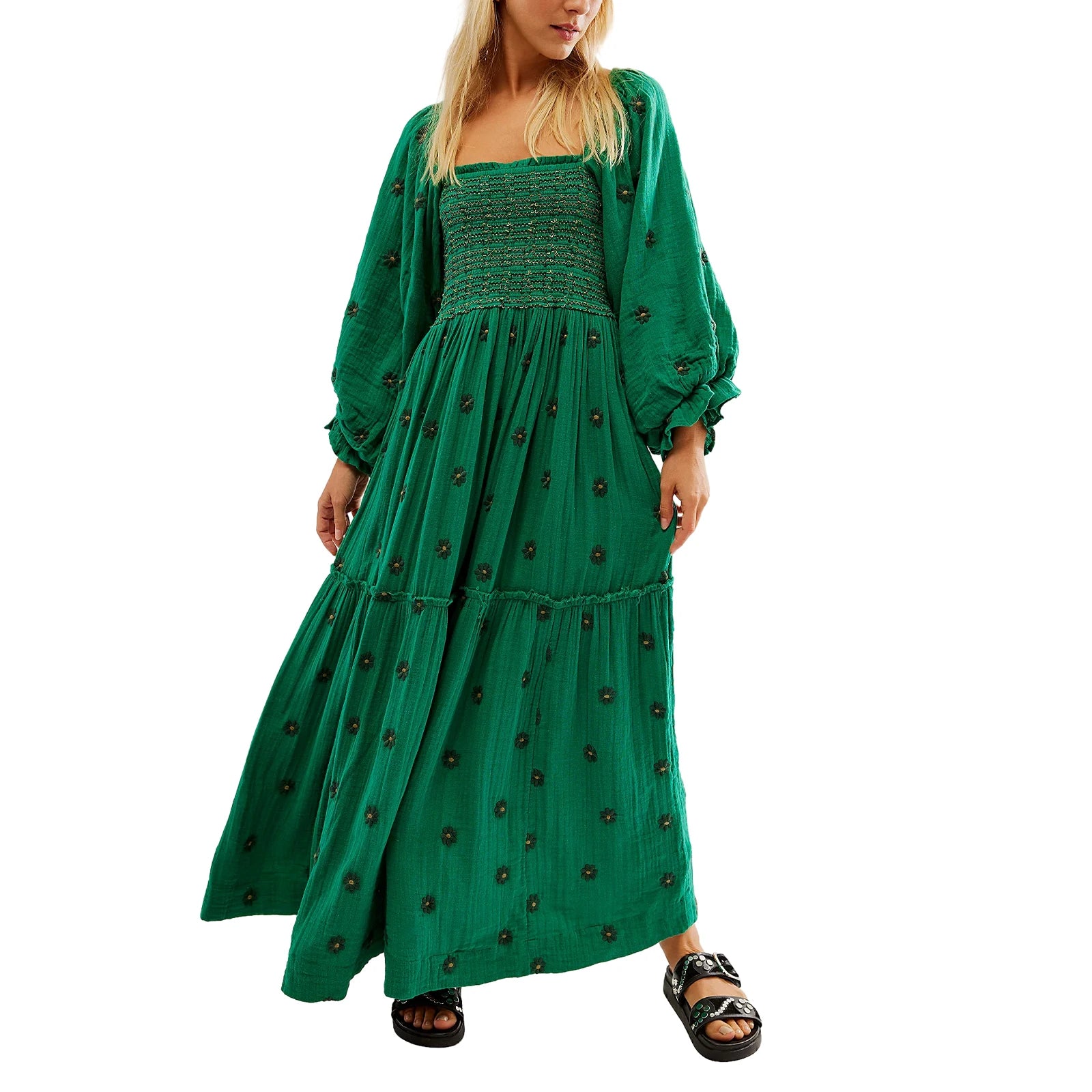 Bohemian Flower Embroidered Tiered Long Dress for Summer - Image 22