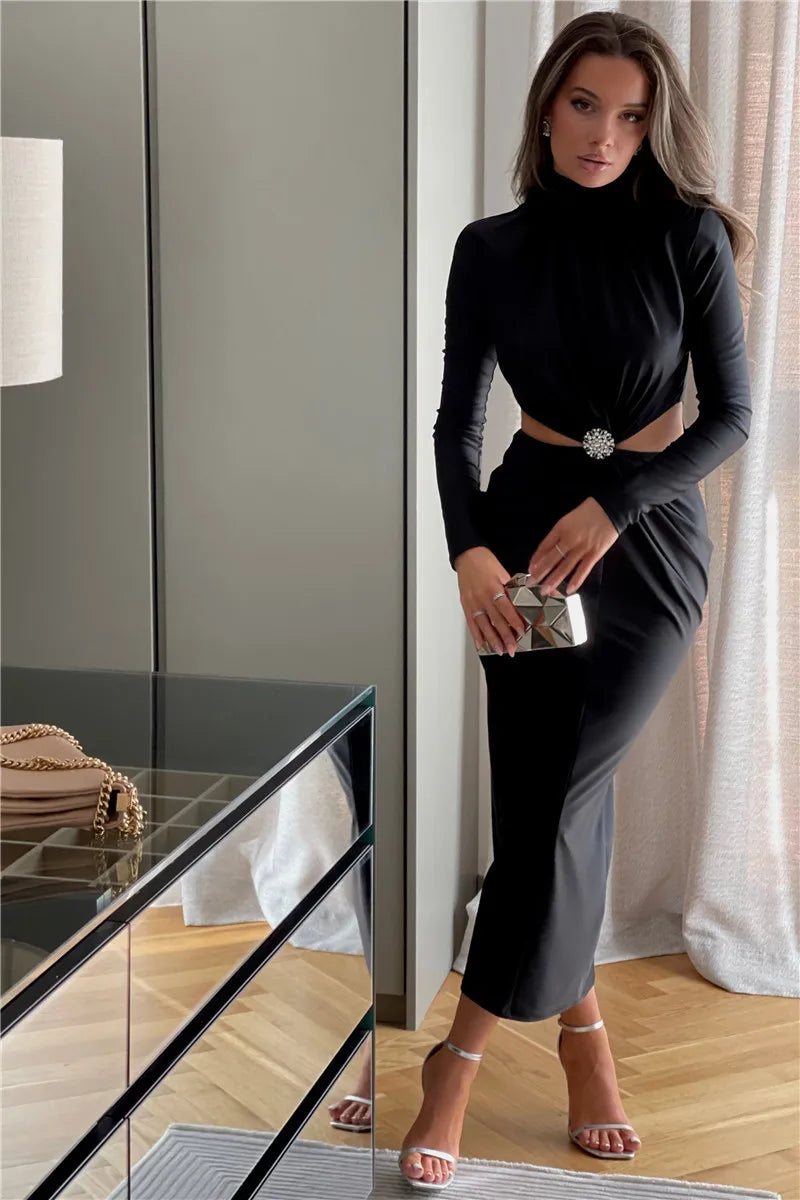 Elegant Hollow Out Turtleneck Long Sleeve Maxi Dress for Women - Image 38