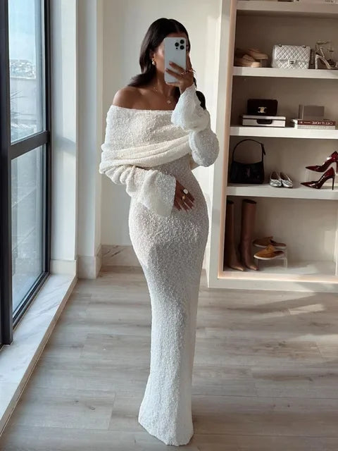 Loose Long Sleeve Off-Shoulder Maxi Dress for Beach Parties - Image 18