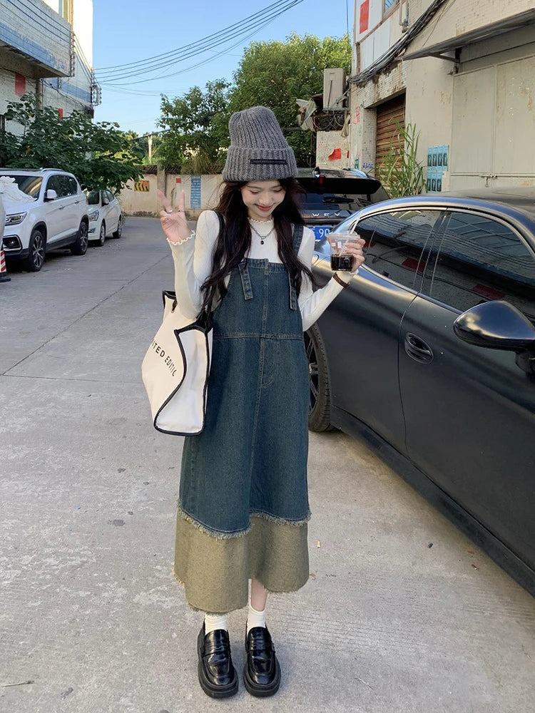 Retro Sleeveless Denim Dress with Irregular Color Patchwork - Image 15