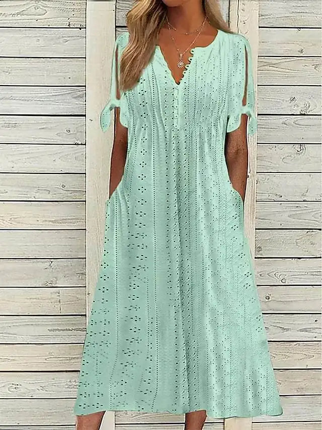 Chic Hollow Out V-Neck Lace Ruffle Long Summer Dress - Image 12