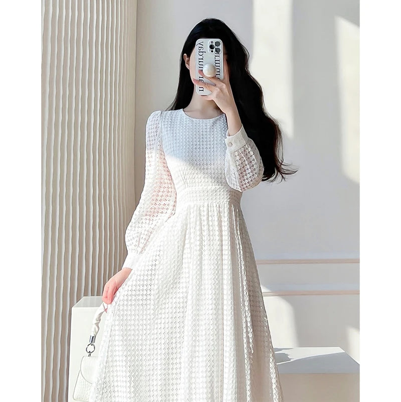 Elegant White Midi Dress with Lace Long Sleeves - Image 3