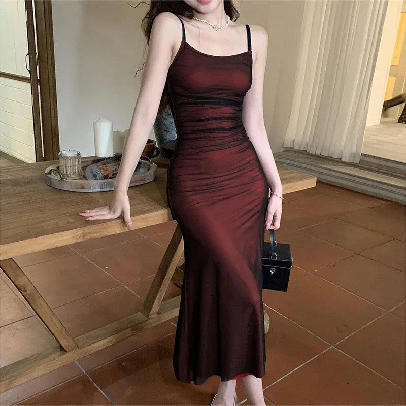 Elegant Red Mesh Bodycon Maxi Dress for Nights Out - Image 3