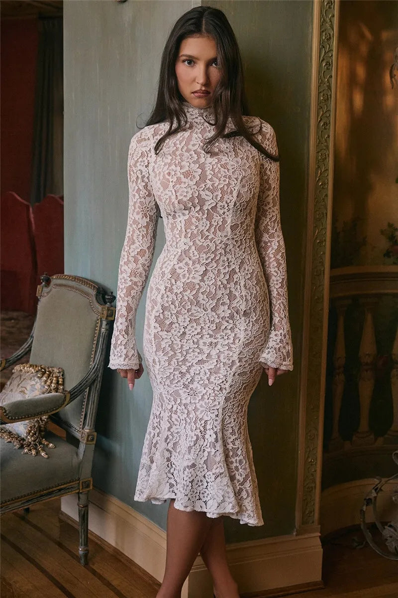 Elegant Lace Midi Dress with High Collar for Women - Image 17