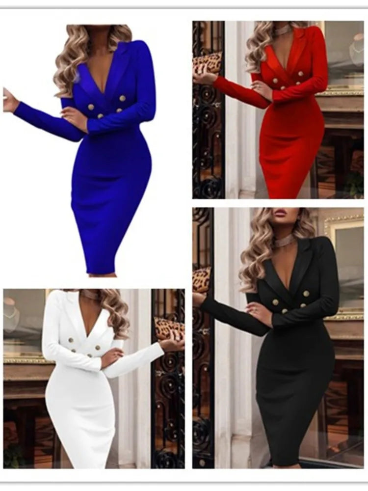Elegant V-Neck Double Breasted Bodycon Dress for Women - Image 6