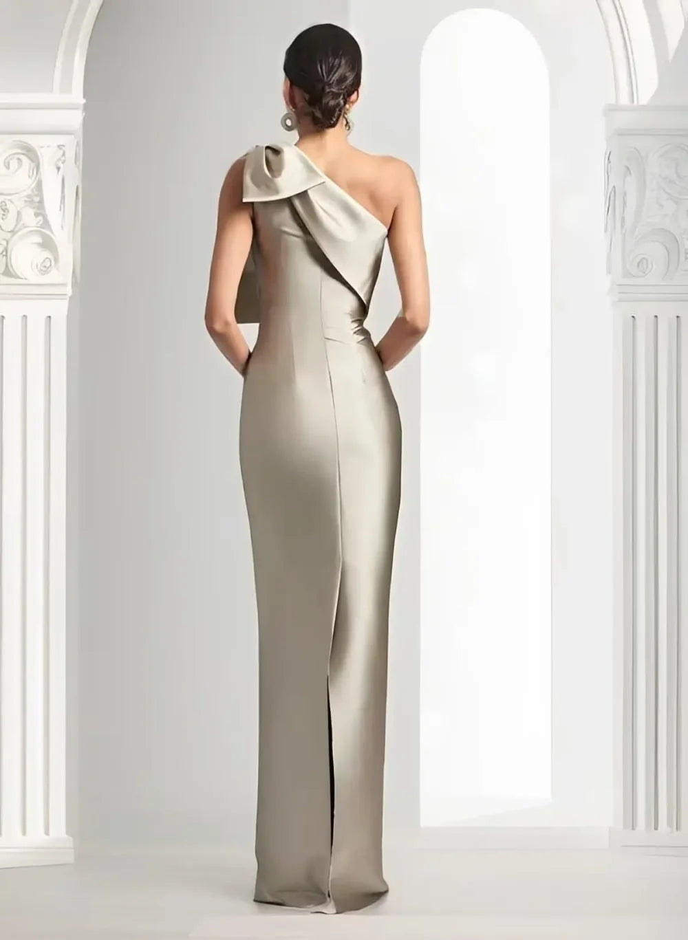 Elegant Satin Single Shoulder Evening Dress with Bow - Image 4