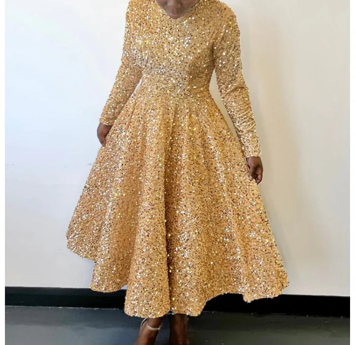 Chic High Waist Sequin Long Sleeve Autumn Dress - Image 6
