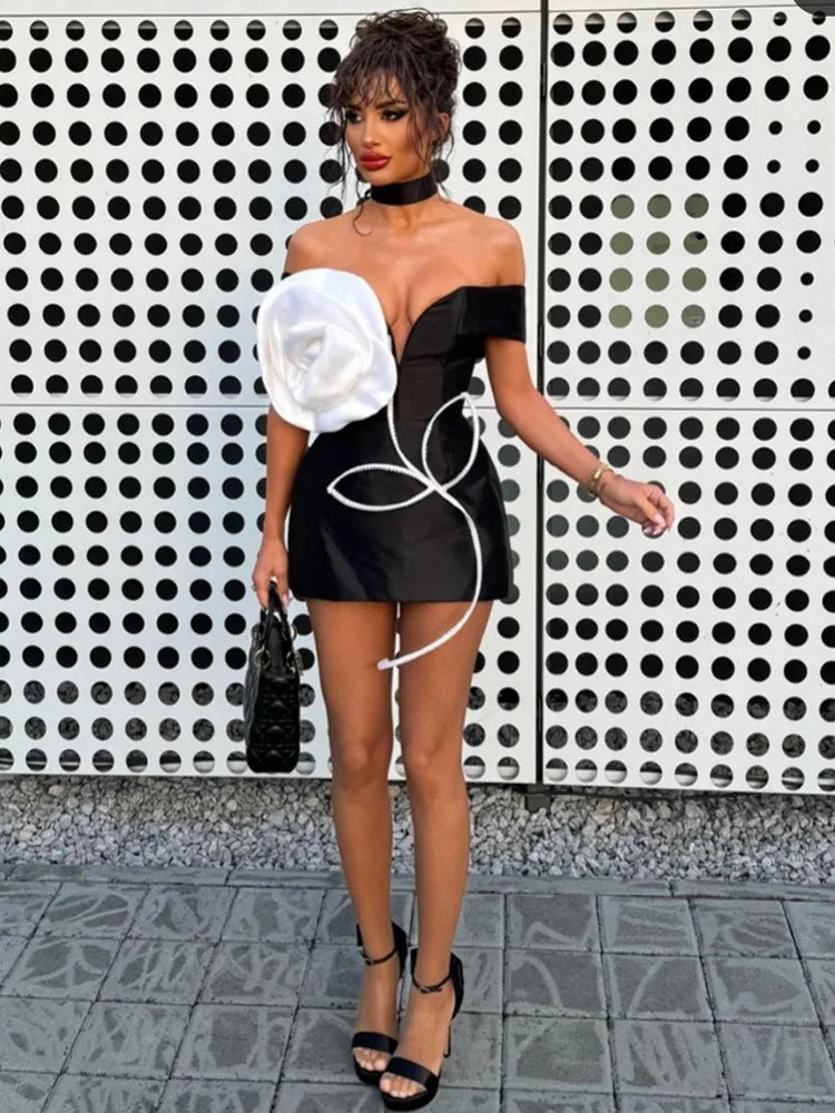 Elegant Off-Shoulder White Floral Black Mini Bodycon Dress - Image 6