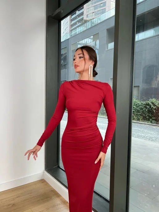 Elegant Slim Fit Slash Neck Long Sleeve Dress - Image 45