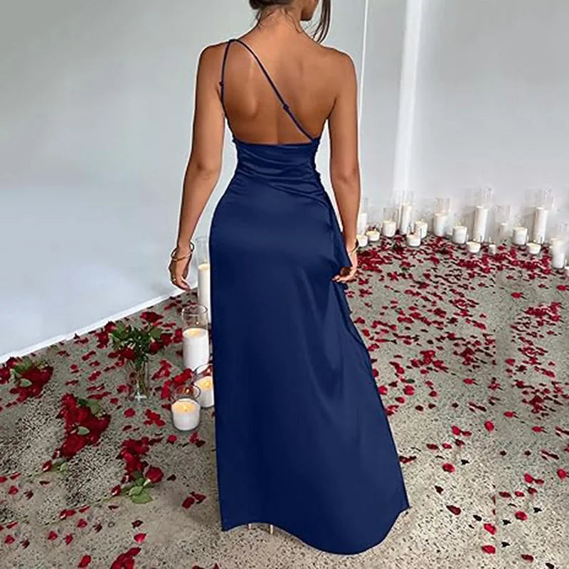 Elegant One-Shoulder High Split Pleated Cocktail Dress - Image 7