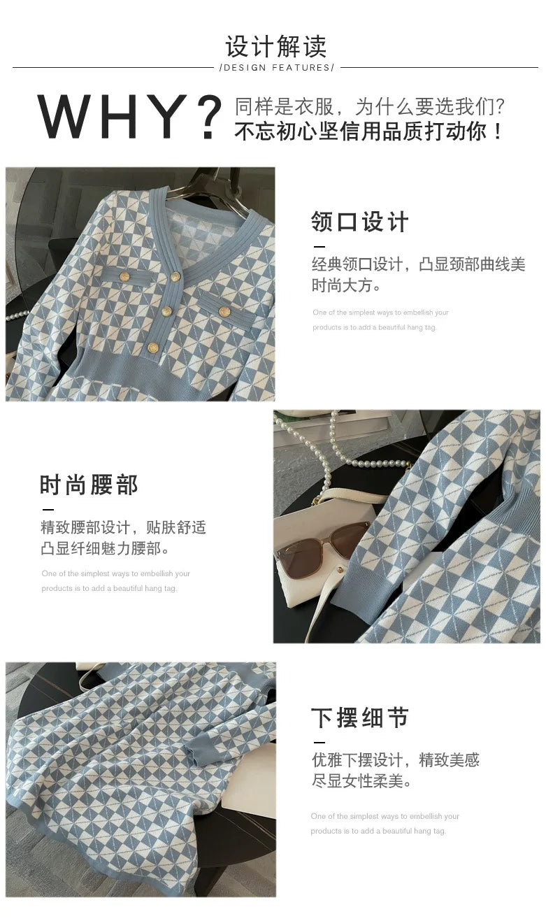 Elegant Blue Plaid Bodycon Dress with Metal Buttons - Image 12