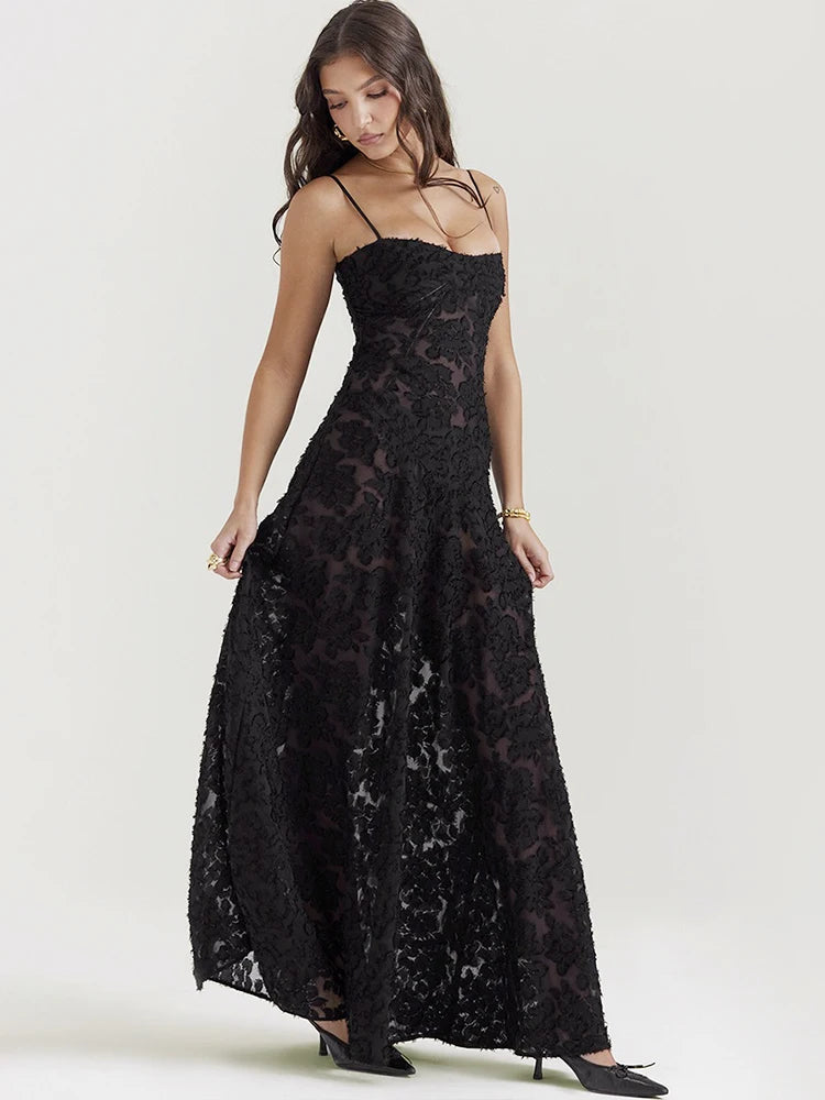 Elegant Boho Sheer Lace Maxi Dress with Spaghetti Straps