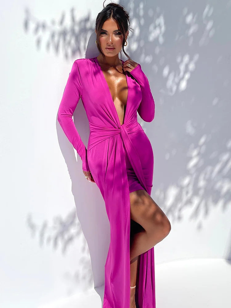 Elegant Deep V Neck Long Sleeve Maxi Dress for Women