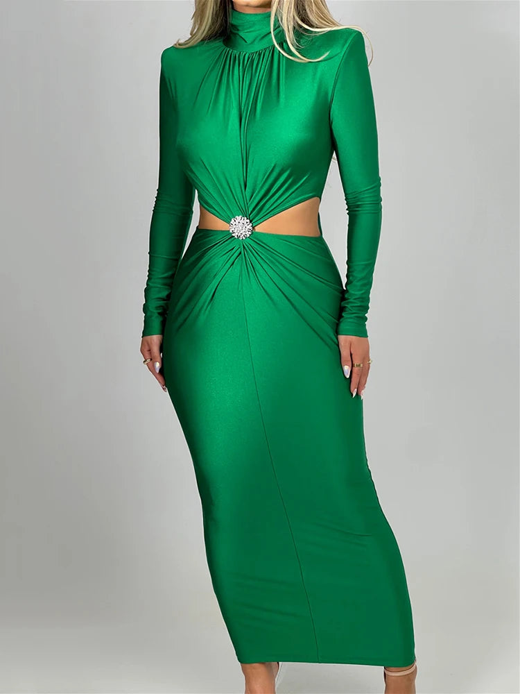 Elegant Hollow Out Turtleneck Long Sleeve Maxi Dress for Women - Image 3