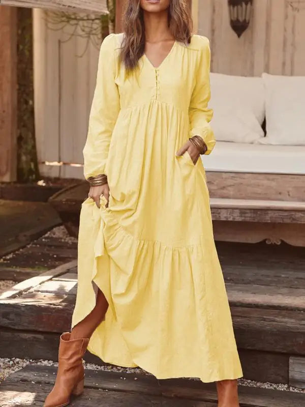 Elegant Vintage V-Neck Cotton-Linen Maxi Dress for Women - Image 13