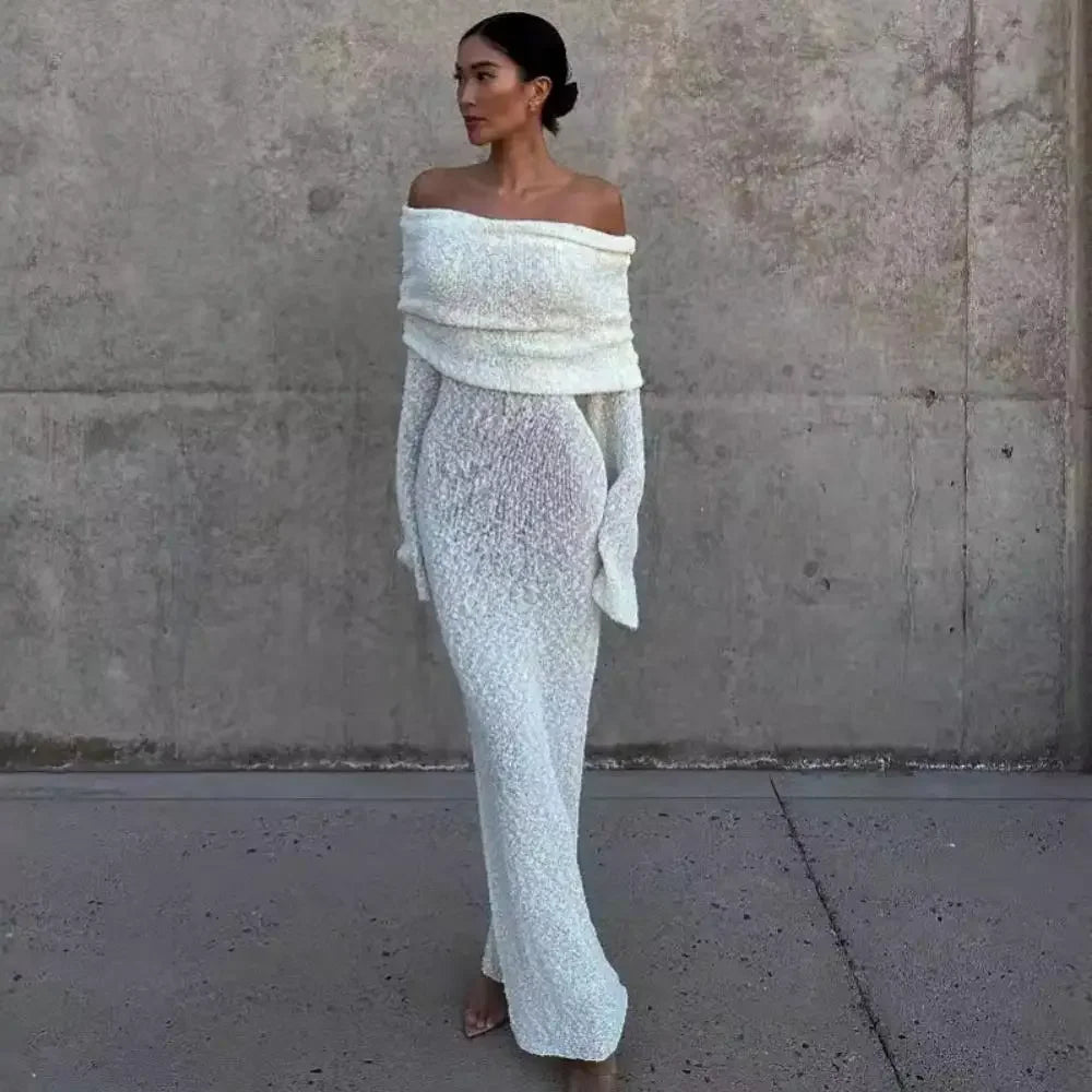 Elegant Off-Shoulder Hollow-Out Knitted Dress for Women