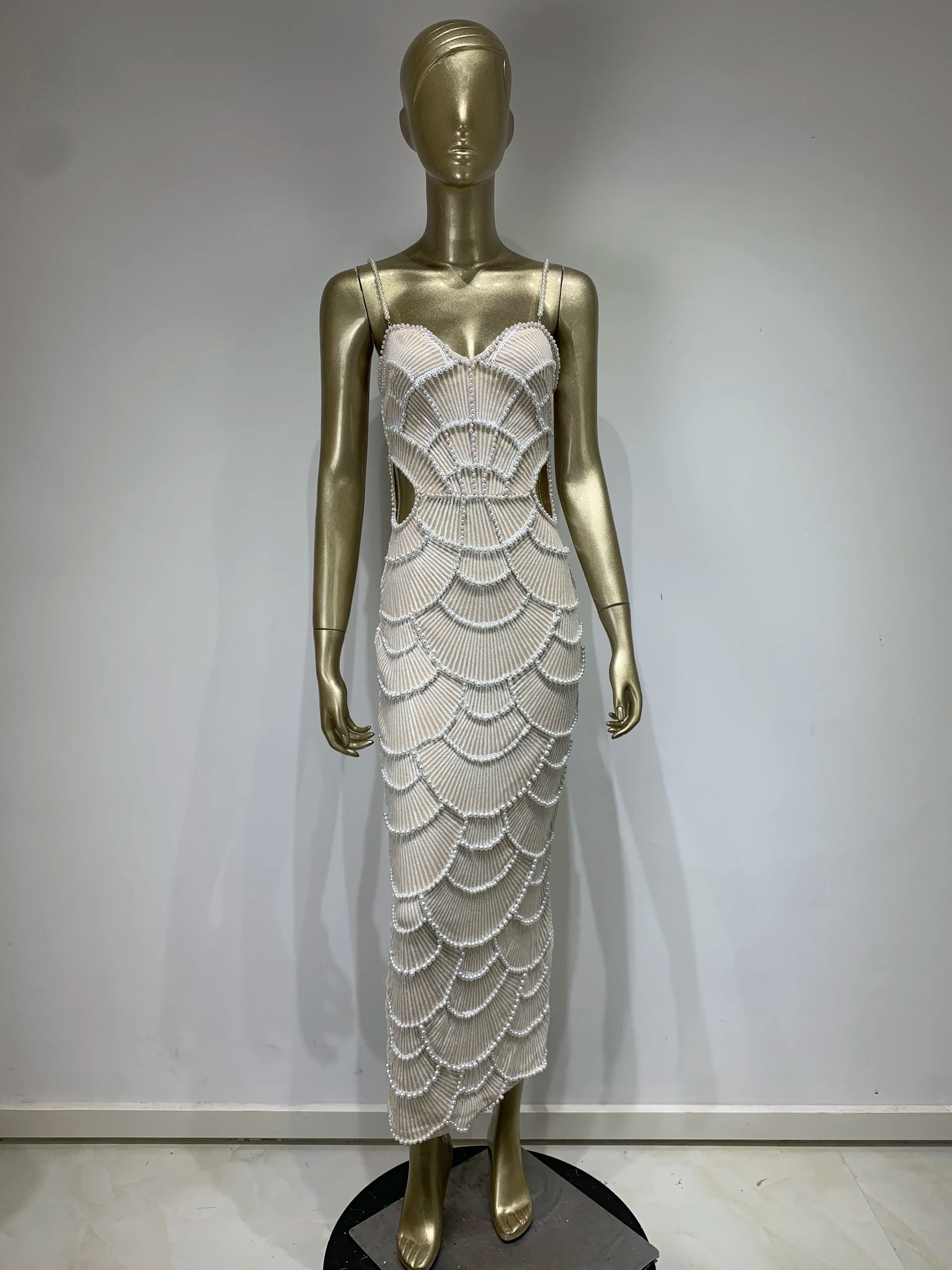 Elegant Women's Pearl Beaded V Neck Cut-Out Maxi Dress - Image 9