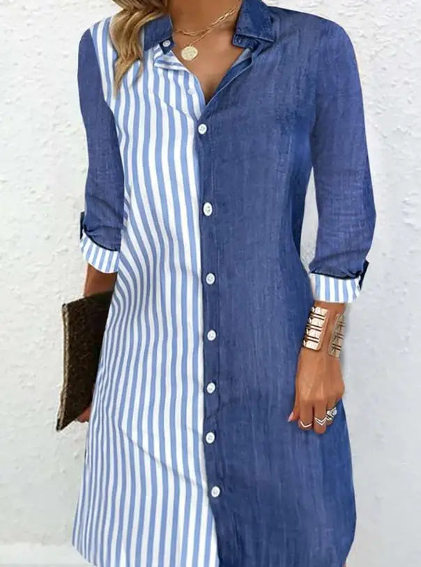 Striped Colorblock Mini Shirt Dress for Summer Casual Wear