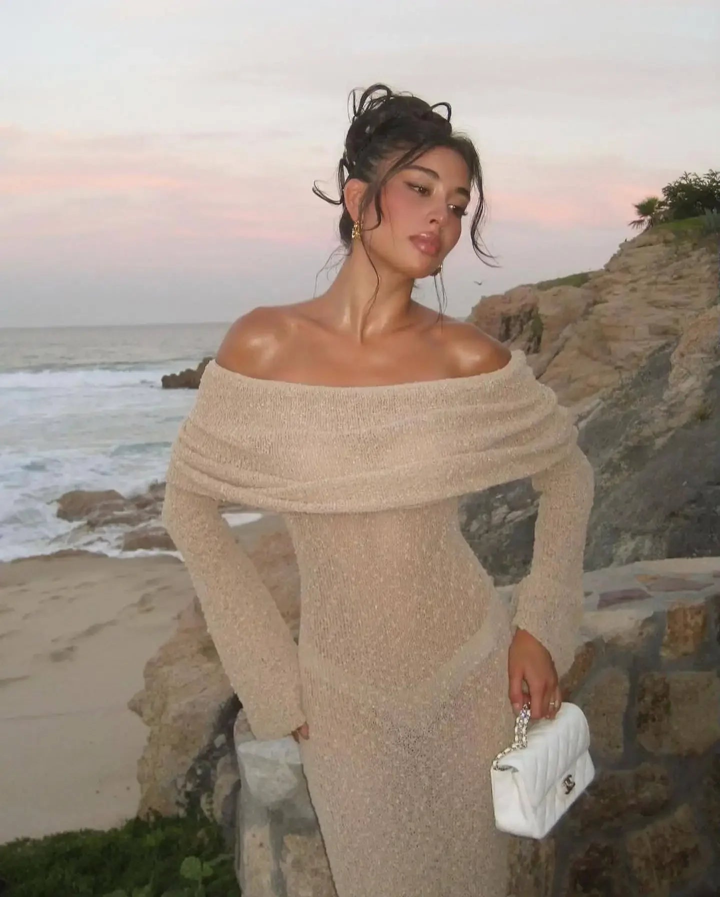 Loose Long Sleeve Off-Shoulder Maxi Dress for Beach Parties - Image 25