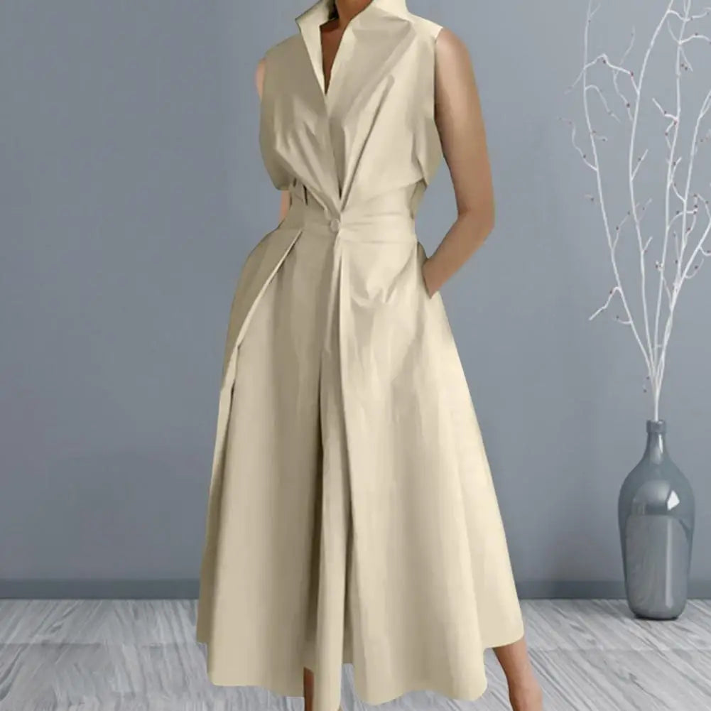 Elegant A-Line Midi Dress with Lapel Button Detail
